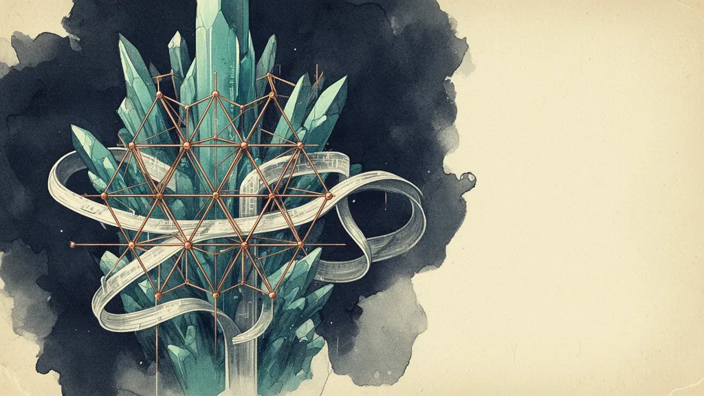 Abstract navy fresco: teal crystal lattice with copper nodes, left focal; textured, right space