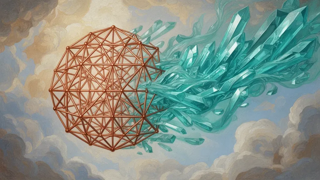 Copper lattice morphing into teal crystal shards on deep navy fresco, right-side negative space