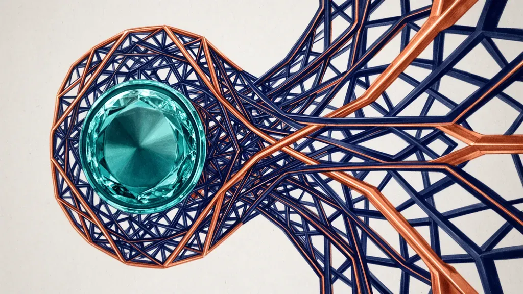 Digital fresco: teal medallion fused with copper lattice, acanthus foliage; dark textured backdrop.