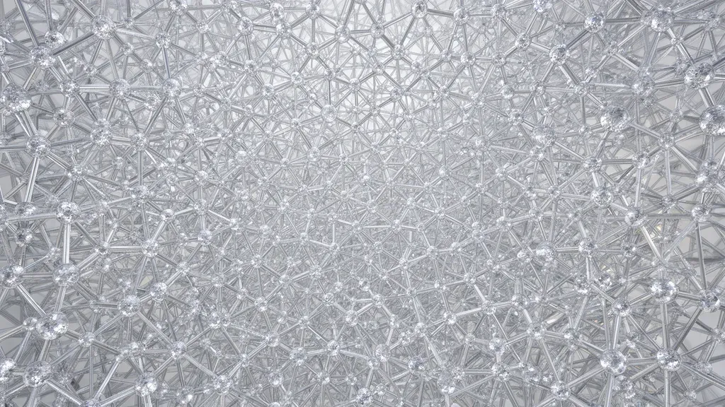 Abstract teal geometric lattice on deep navy, copper nodes; aged fresco grain, right-side space