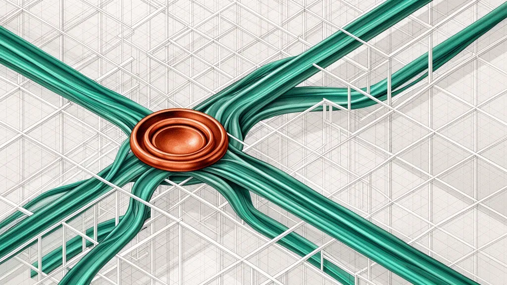 Abstract geometric grid with teal flows to copper nested circle; navy fresco grain, right space.