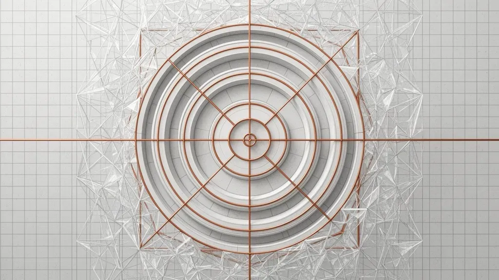 Abstract nested circles on navy grid with copper lines, teal highlights, aged fresco grain