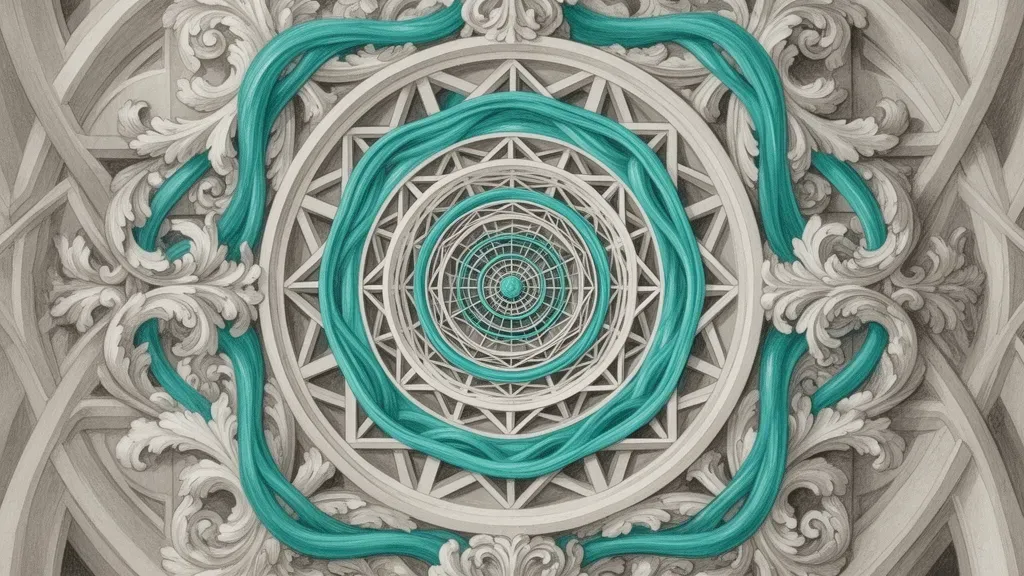 Abstract geometric circles over navy fresco with teal channels, copper highlights, right-side space