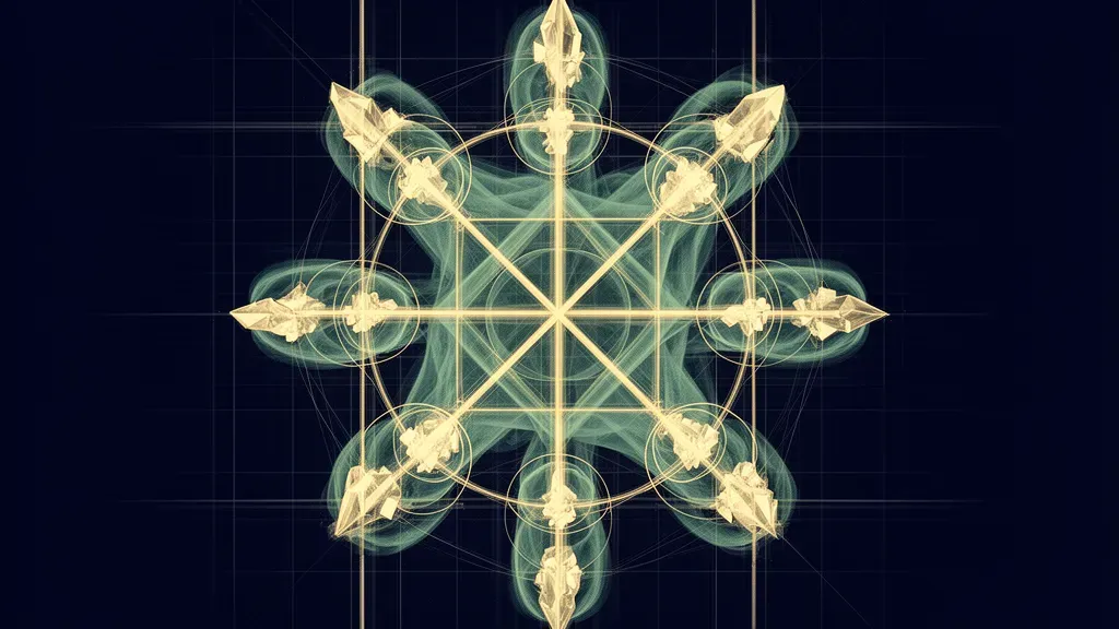 Abstract fresco: teal lattice with copper nodes on navy, left-weighted; textured charcoal space right