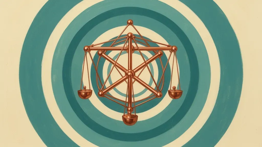 Abstract copper geometry with teal/cream circles on navy fresco; right 40% negative space