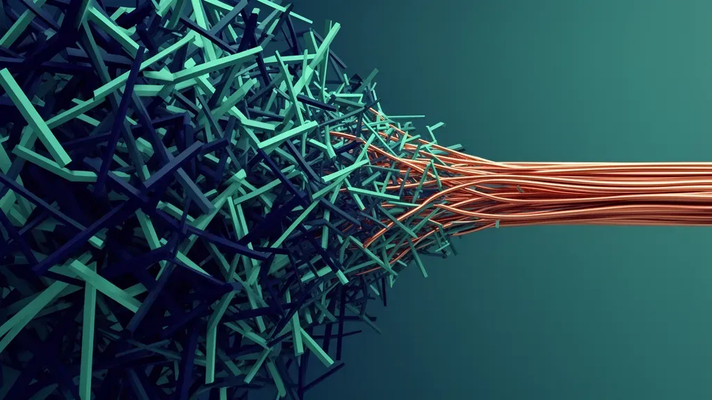 Chaotic navy/teal lattice converges into copper stream on textured fresco, with right space