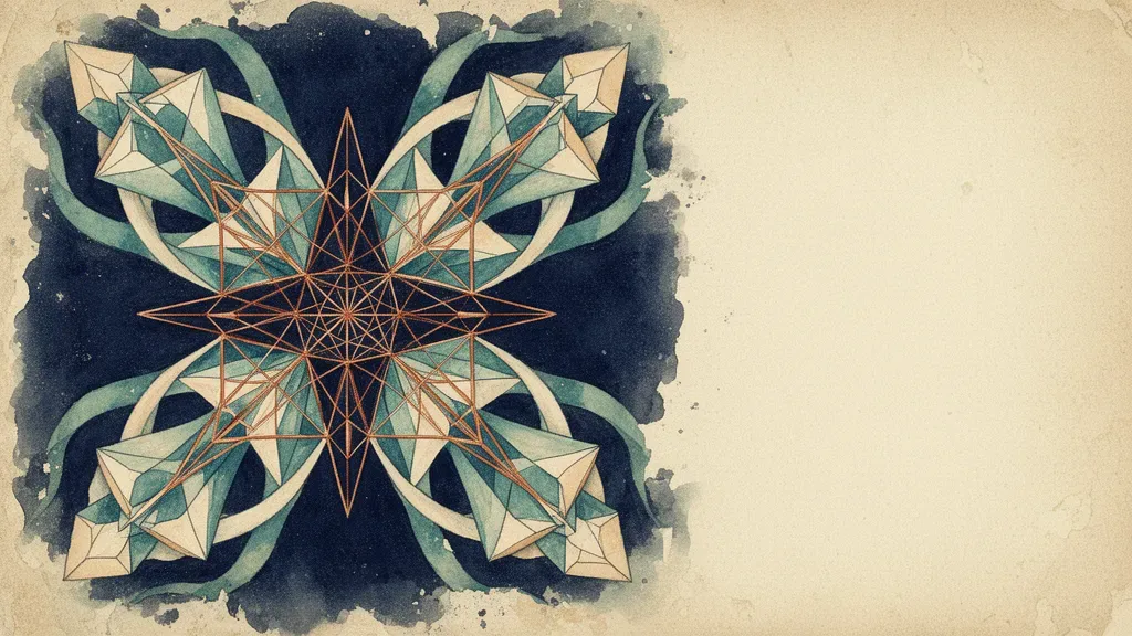 Abstract geometric lattice nodes on navy, teal/cream forms with copper highlights; grainy fresco texture