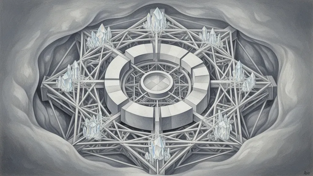 Abstract fresco lattice of nested circles in navy/teal with cream and copper joints, right-side void