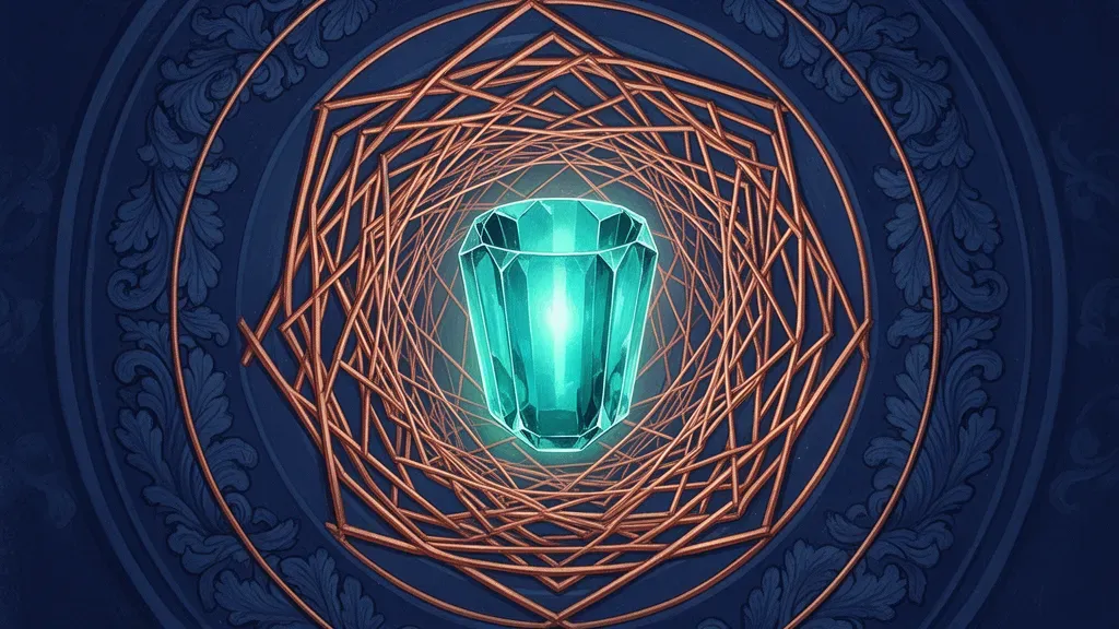 Teal crystal vessel in copper lattice, navy fresco texture, left focus, large right space