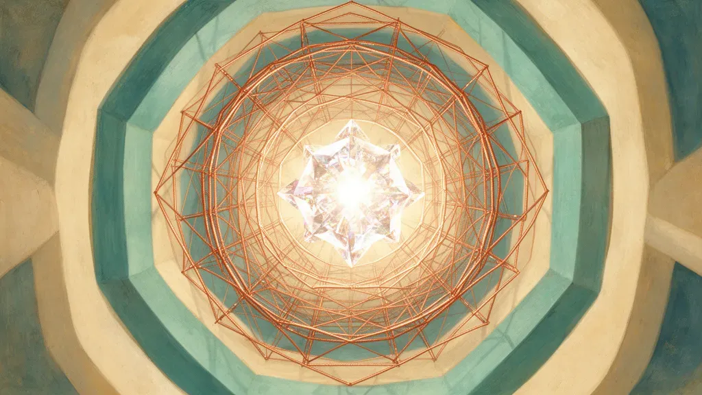 Luminous crystal core in teal shells with copper lattice on navy fresco, left-offset space right