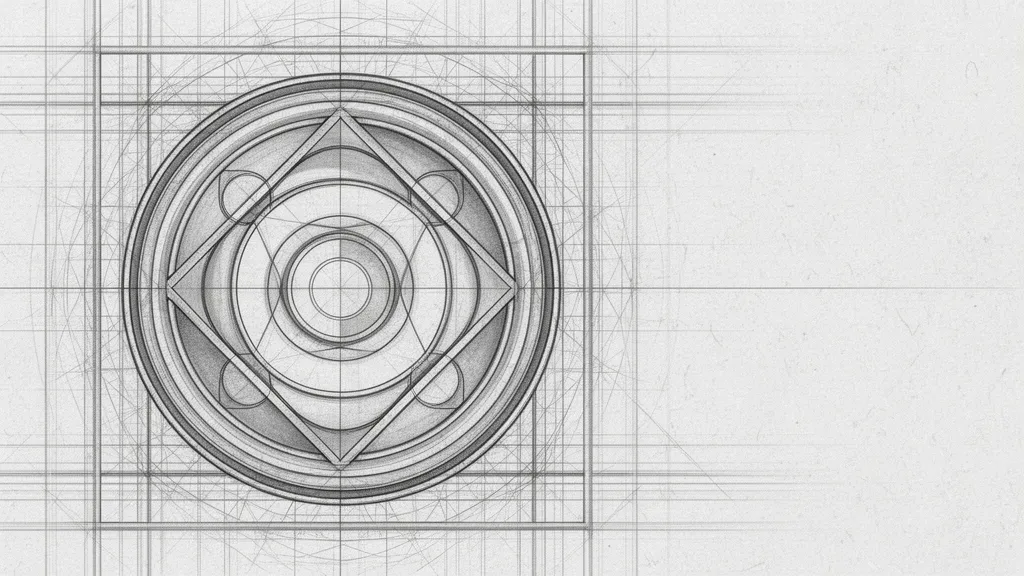 Geometric navy/teal medallion in lattice, copper accents; aged fresco texture, right space