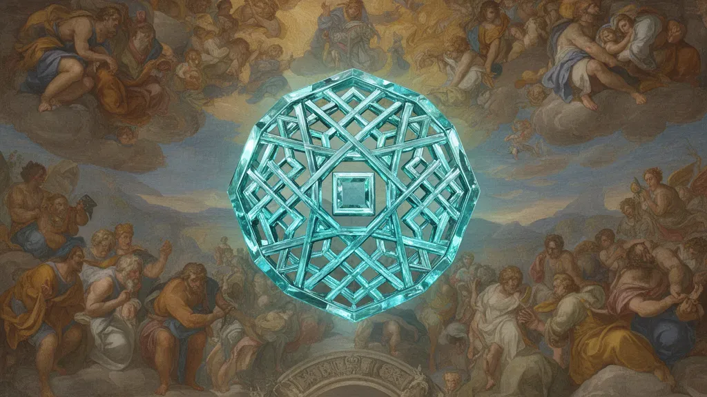 Teal crystalline medallion with copper rings on navy, grainy fresco texture, left of center