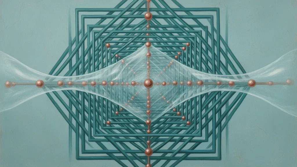 Teal compliance lattice on navy fresco texture, copper nodes; left-weighted, right negative space
