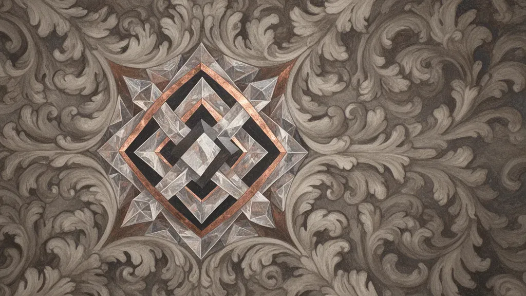 Abstract fresco lattice with teal flows, bronze node left, navy field, grainy aged plaster.