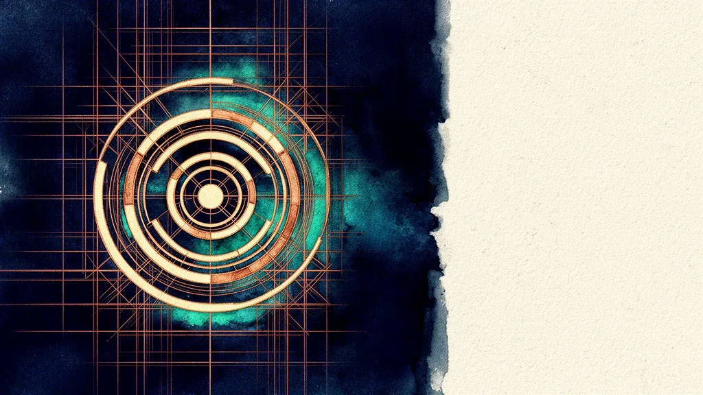 Abstract geometric rings on copper lattice, left; navy fresco with teal core, right space