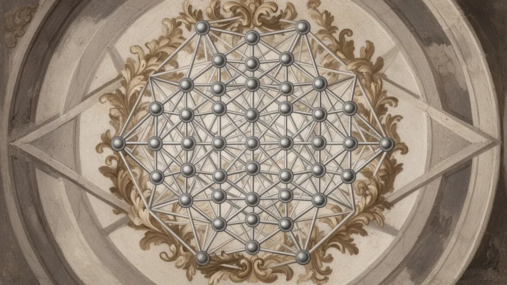 Abstract geometric lattice medallion left, navy/teal with cream and bronze nodes, fresco texture, blank right