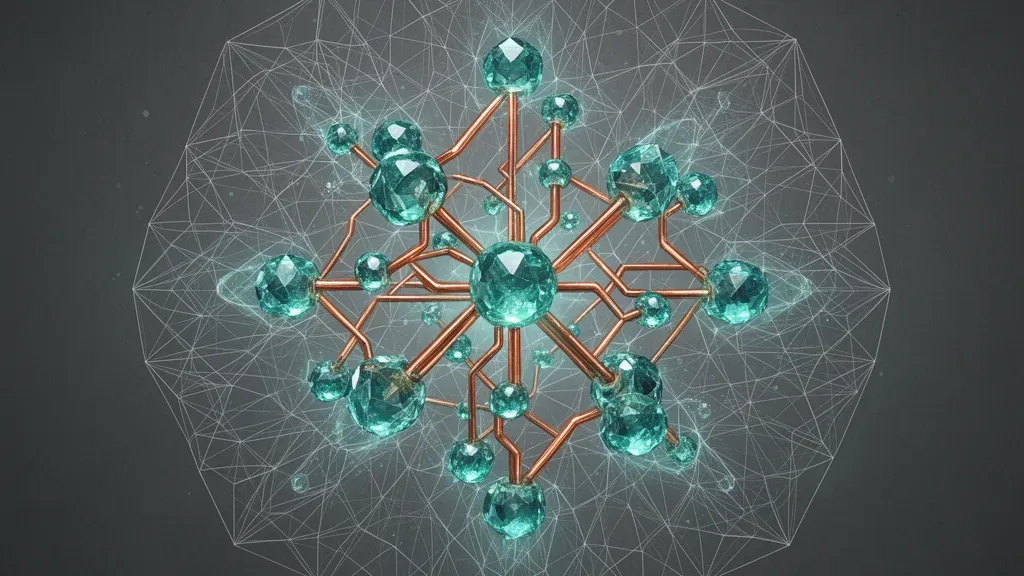 Teal crystalline network with copper links, enclosed membrane left; navy fresco grain, empty right