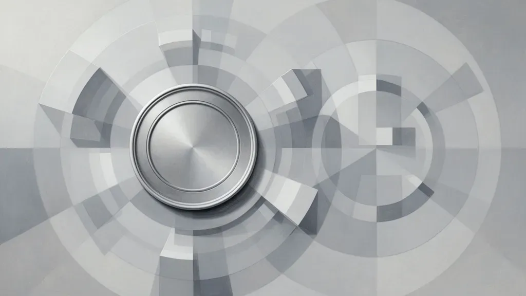 Abstract fresco geometric medallion left, copper lattice links, navy-teal, textured, right space