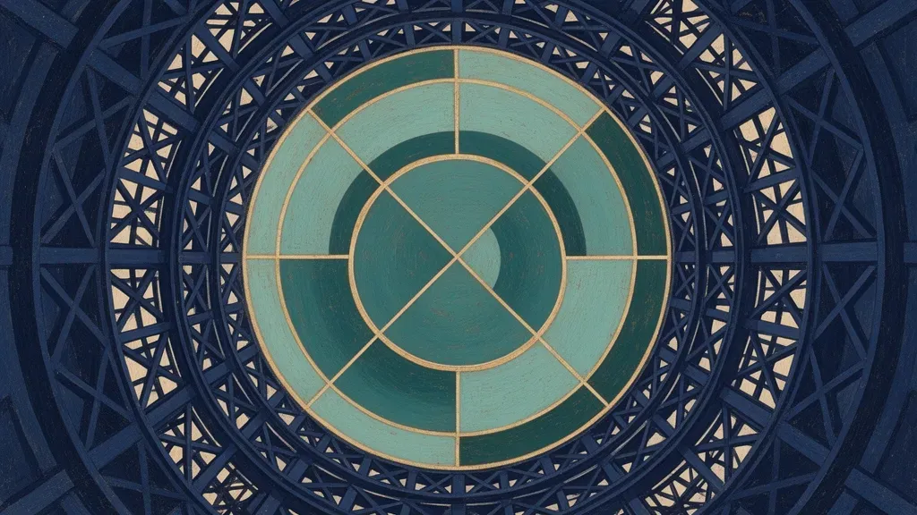 Abstract teal concentric circles in navy lattice with copper tension lines, grainy fresco texture.