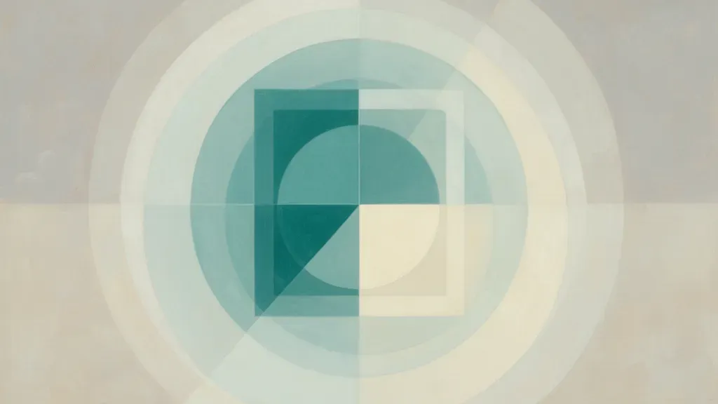 Abstract fresco: teal/cream medallion left, copper lattice on navy; open right space.