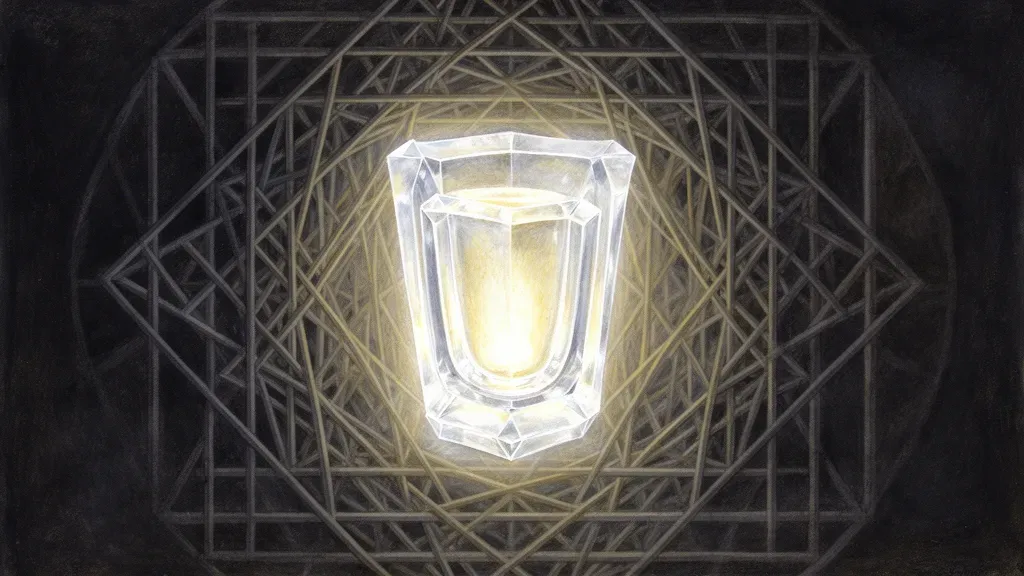 Abstract fresco: glowing crystalline vessel in navy lattice with teal filigree, right space