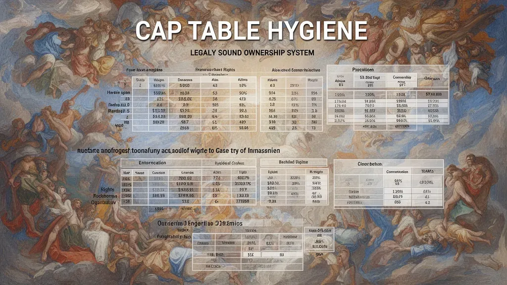 Abstract fresco: nested teal rings over faded grid, copper nodes, cream veils; navy space right.