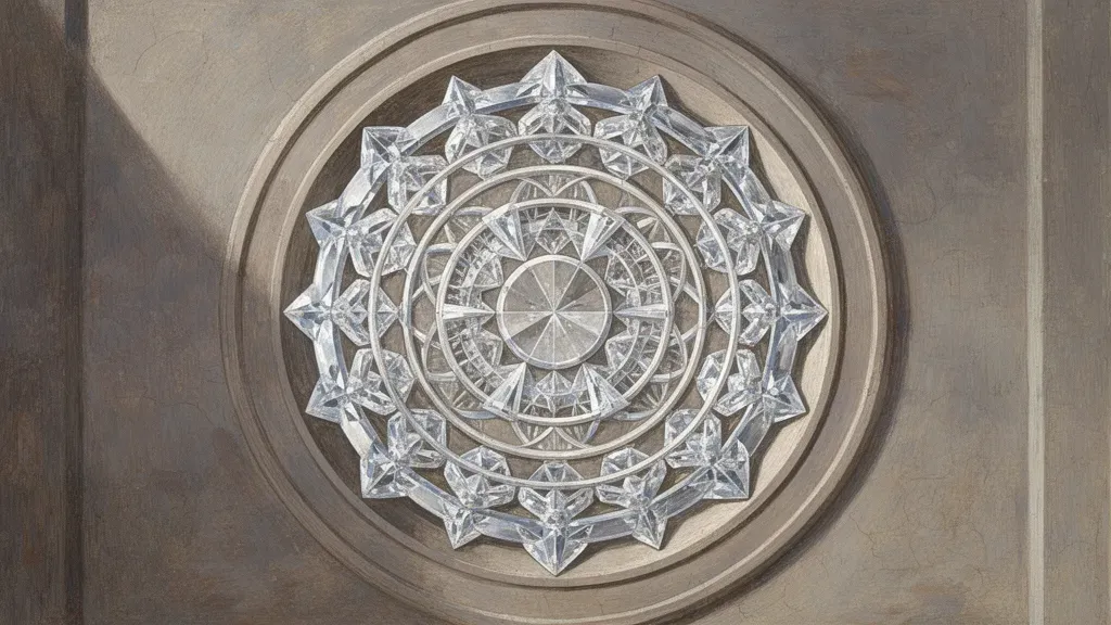 Geometric equity medallion on navy fresco grid, left; textured teal/cream with copper edges