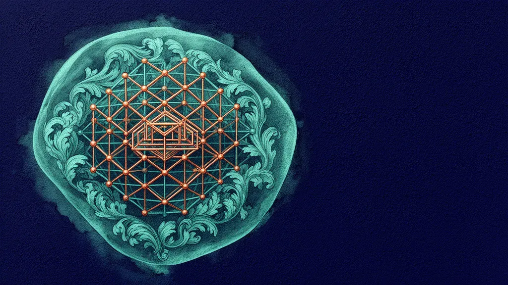 Teal membrane encloses geometric lattice with baroque flourishes on deep navy, left-focused.