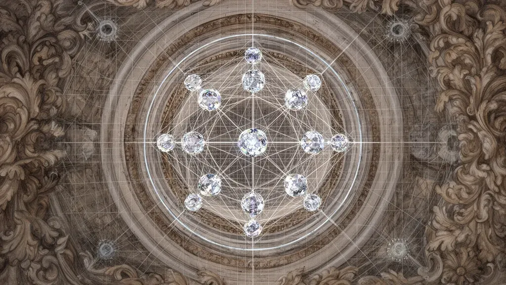 Abstract fresco: teal nested sphere with copper lattice left; navy field, organic grid, right space