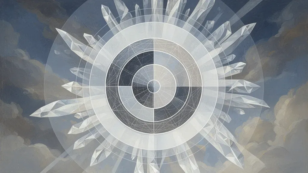 Abstract geometric equity medallion with crystalline growth on navy, textured fresco; space right