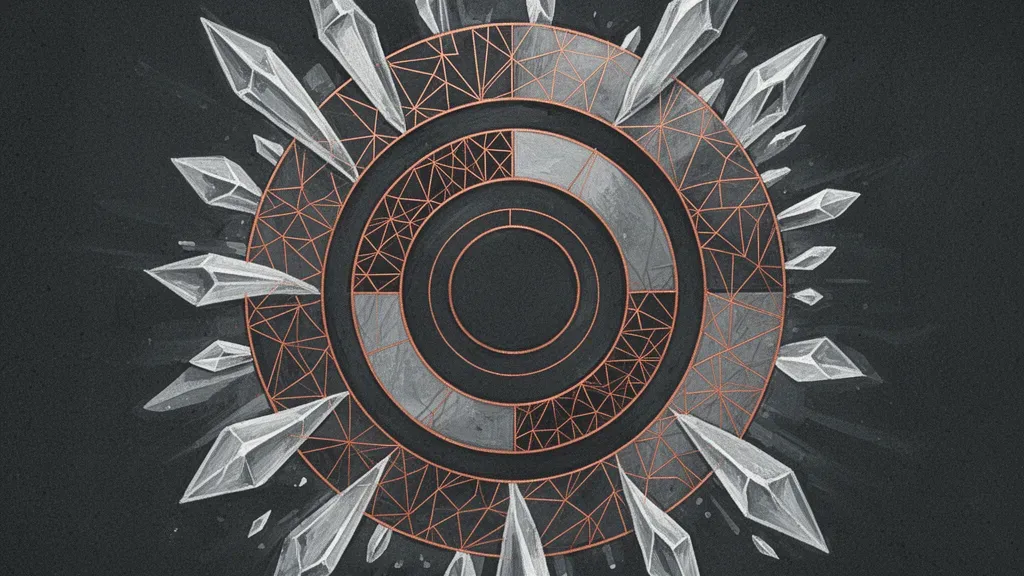 Abstract geometric cap-table circles with copper lattice and crystalline growth on textured navy.