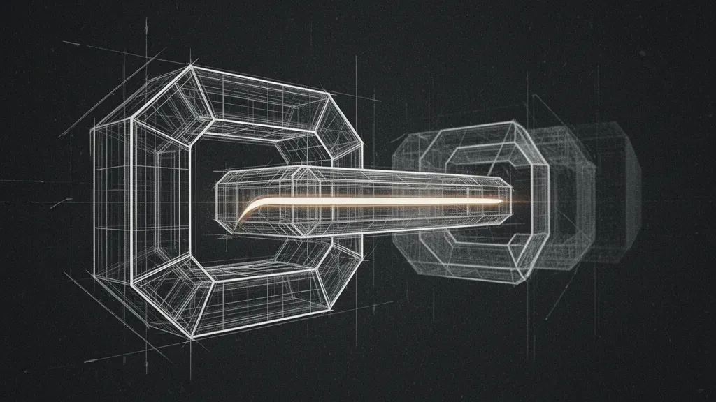 Abstract fresco lattice with gated light ribbon; sparse nodes; navy-teal with bronze glints, right void