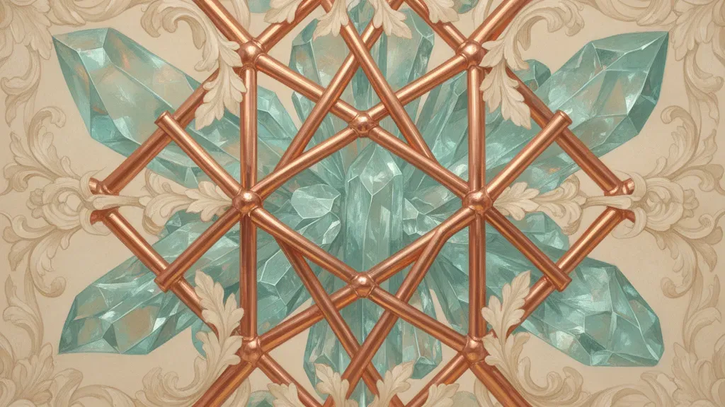 Abstract fresco lattice with teal crystals on navy wash, copper lines, cream acanthus, left focus