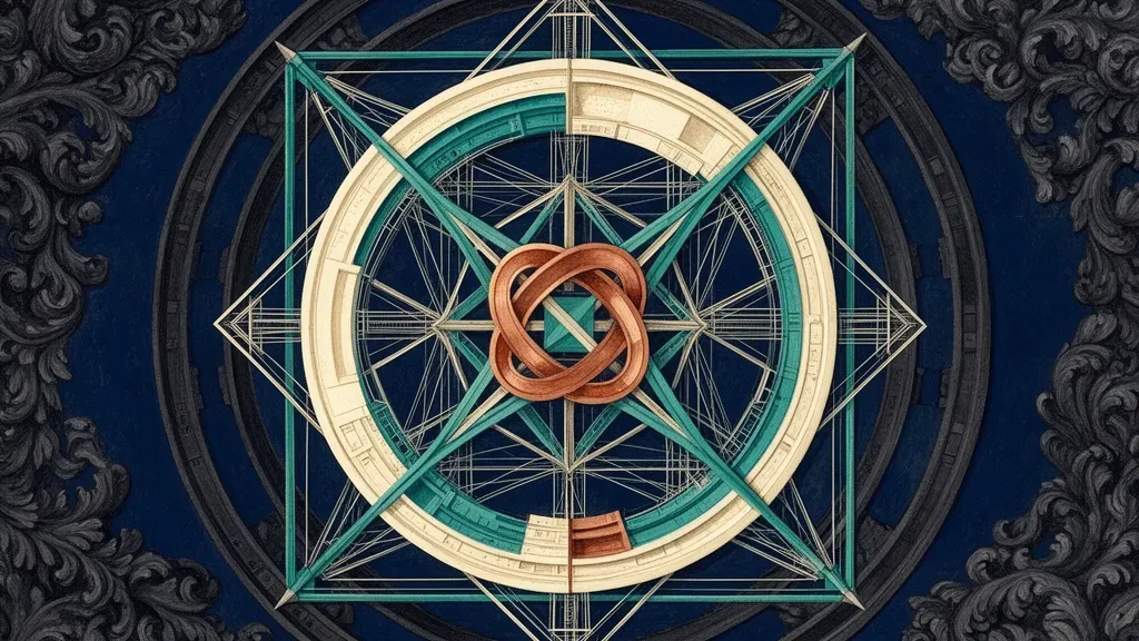 Abstract fresco: navy grain, teal circles/lattice, copper focal left, cream wash, right space