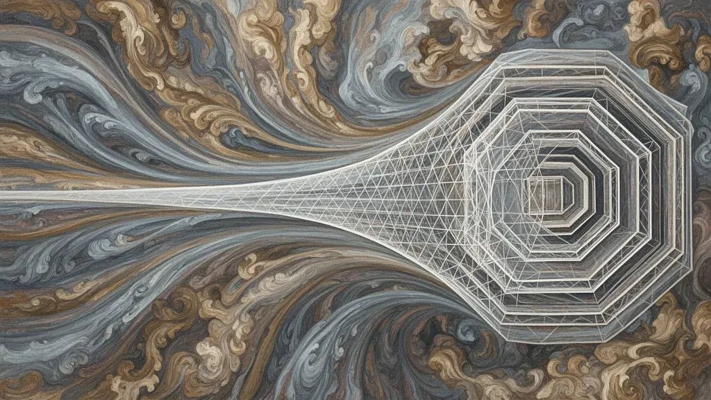 Abstract fresco data flow through hexagonal membranes; navy/teal, cream highlights, copper edge.