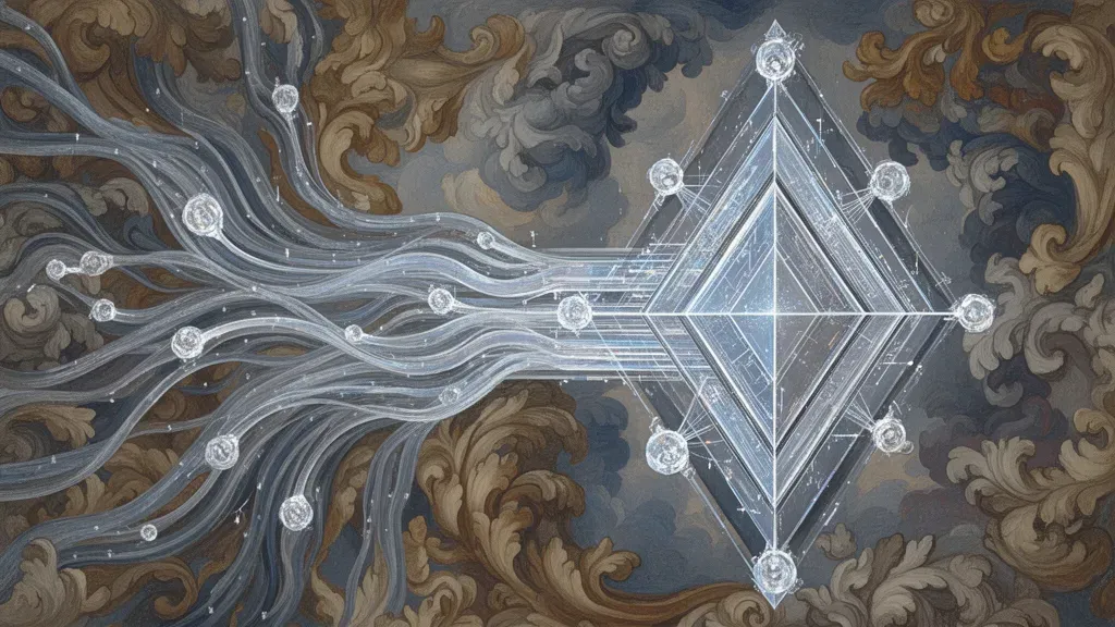 Abstract navy fresco: teal/cream streams converge into a prism with copper edges, lattice backdrop.