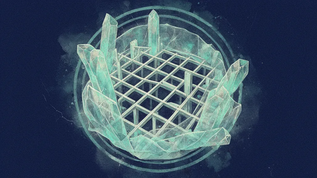 Abstract geometric lattice with teal membranes, copper lines, navy fresco texture, right-side space