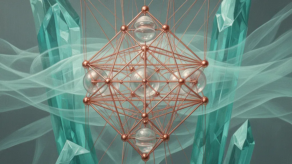 Abstract geometric lattice with teal veils, copper lines on aged navy fresco; left focal, right space
