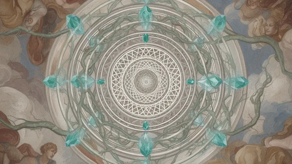 Geometric medallion with teal nodes and copper lines on grainy navy fresco background
