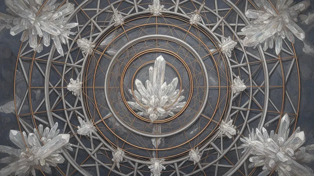 Abstract navy fresco with left-shifted concentric lattice, teal geometry, bronze lines, grainy paper.