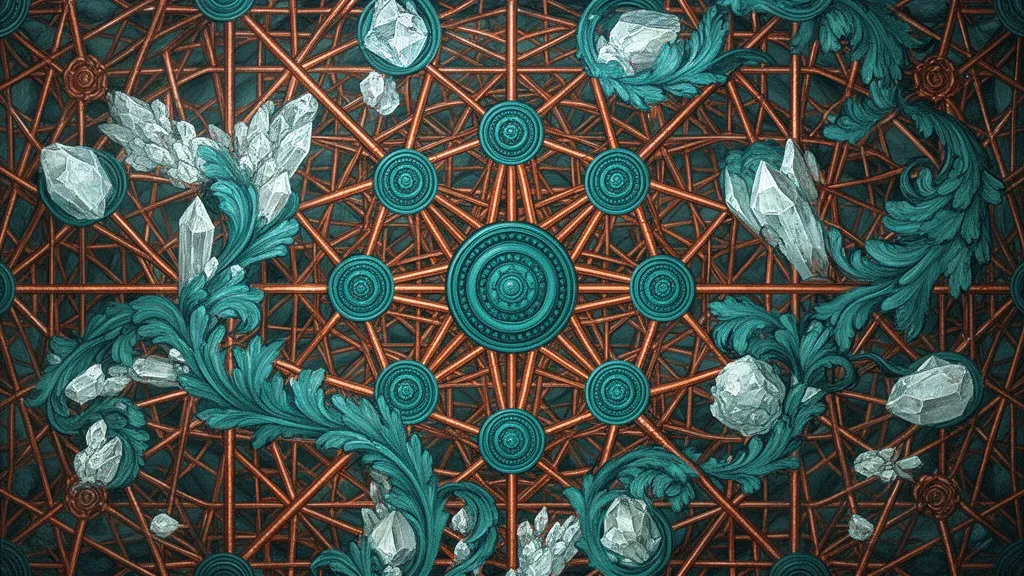 Copper lattice with teal nodes and organic tendrils on navy, grainy aged fresco texture.