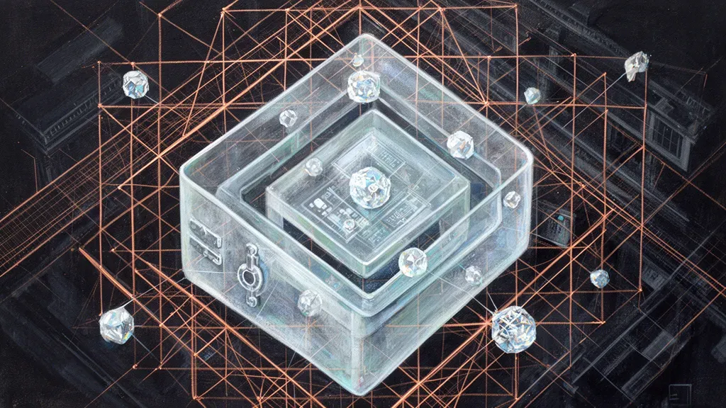 Abstract fresco: prismatic vault in navy/teal with copper lattice, right-side negative space.