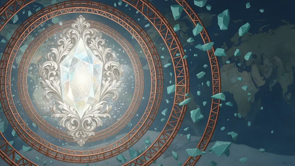 Glowing crystal with copper rings and teal shards on navy fresco; right-side negative space