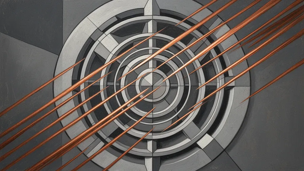 Abstract navy fresco medallion with teal/cream geometry, copper tension lines, right-side negative space