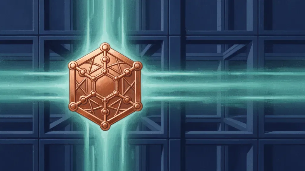 Copper geometric medallion left, teal light channels in navy lattice; aged fresco texture, right space