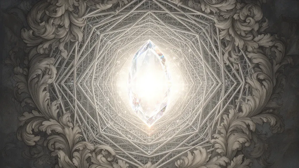 Glowing crystal core in geometric lattice with acanthus, navy fresco grain, right space