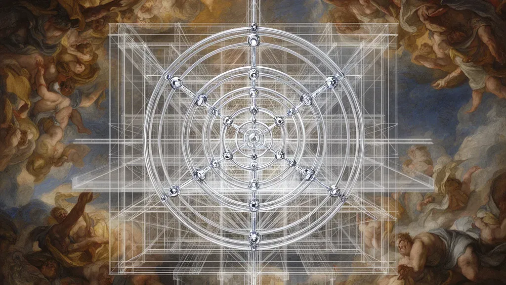 Abstract geometric fresco with concentric circles, teal glow, copper lines, navy negative space