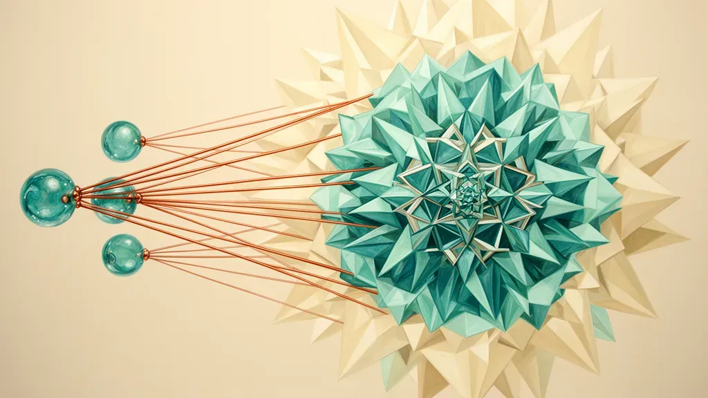 Abstract fresco: teal nodes pulled by copper lines into cream-teal geometric core on navy.