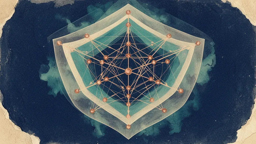 Abstract navy fresco with teal nested membranes and node lattice; copper highlights; right negative space