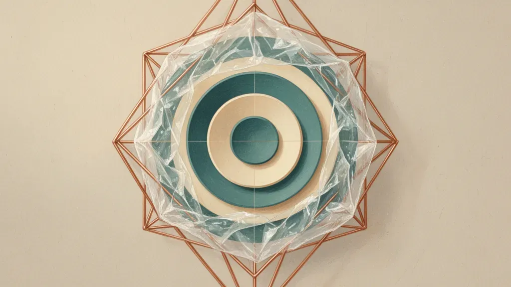 Abstract concentric teal circles in navy fresco, copper lattice, left focal, textured negative space